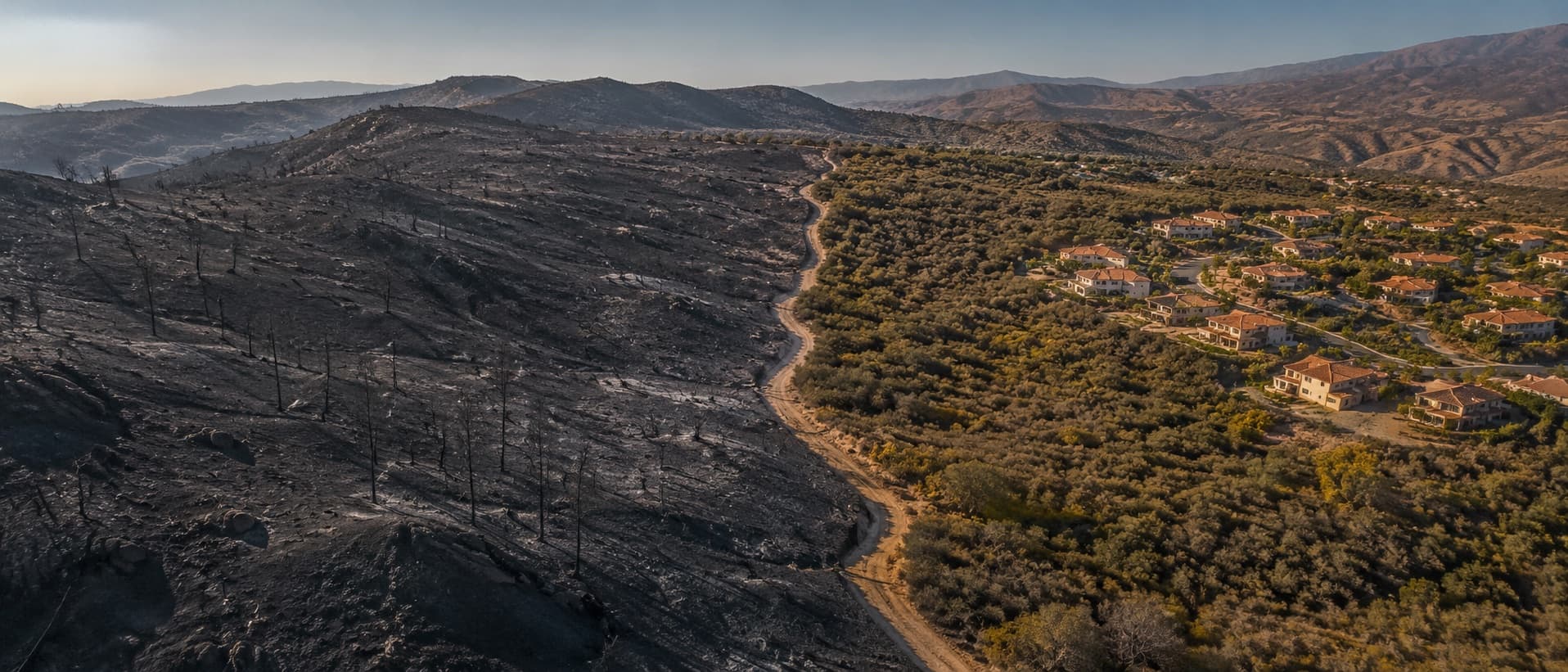 An illustration of a wildfire’s edge: a blackened, burned hillside on the left, an intact green neighborhood on the right, a dirt road tracing the line between them.